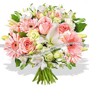 Букет в светлых тонах из гербер лилий и роз Букет в светлых тонах из гербер лилий и роз