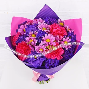 Альпийская заря - букет с розовыми гвоздиками и эустомой Альпийская заря - букет с розовыми гвоздиками и эустомой